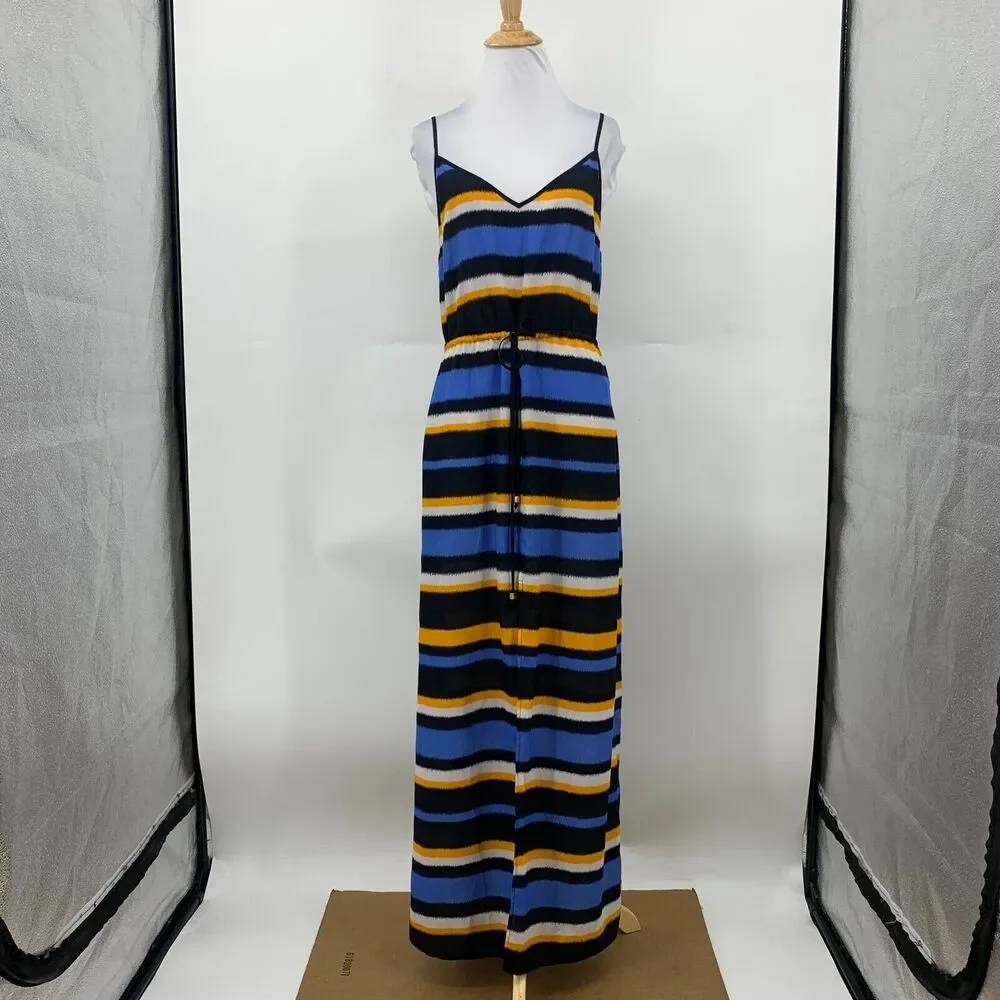 Michael Kors Striped Maci Maxi Dress Womens S Small Front Slit Waist Tie V Neck